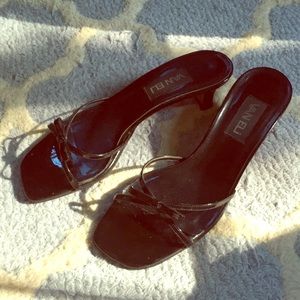 Black patent leather Vaneli strappy heels